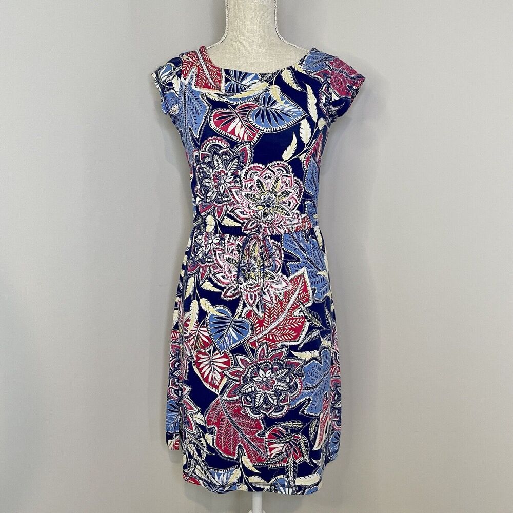 T by Talbots Floral Drawstring Waist Pocket Cap Sleeve Casual T-Shirt Dress Sz P